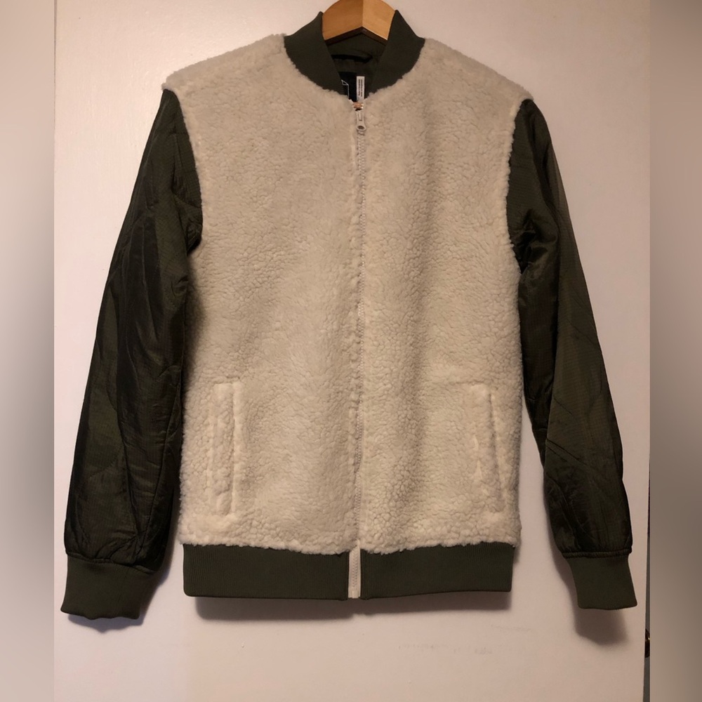NWT Cream Sherpa Bomber Jacket with Olive Sleeves